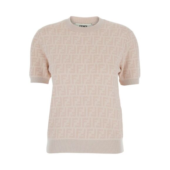 Fendi Women Pink Crewneck Sweater With All-Over Ff Motif In Wool Woman